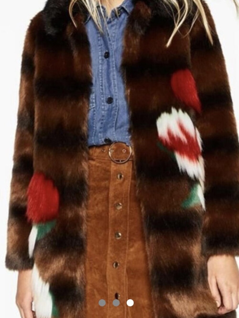 Zara Brown Faux Fur Coat with Black Collar and Red & Green Pom Accents #1253 - Picture 8 of 16